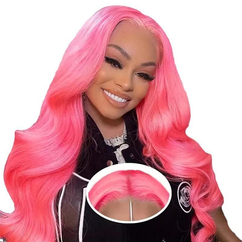 TUME new wig female light pink medium big wave long curly hair fluffy front lace headgear spot