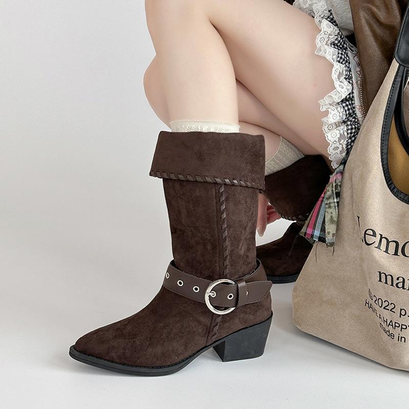 Vintage thick heel western boots autumn women's winter fashion niche design sense suede pointed Martin boots wide tube medium boots