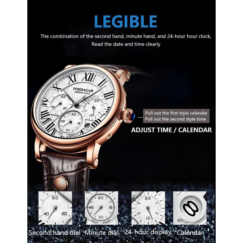 POEDAGAR Men Watch Fashion Chronograph Leather Quartz Watches Waterproof Luminous Sport Sport Wristwatch Six Needle Watch