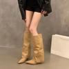 Pointed Toe Slope Heeled Pants Leg Boots  New Autumn Winter Women Vintage Knee-High High-Heeled Western Cowboy Boots Female