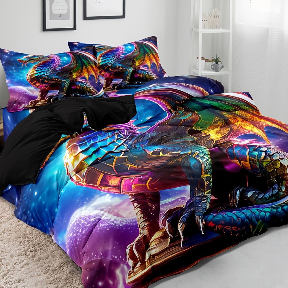 3pcs Animal Print Bedding Set Ancient Castle Guardian Dragon Colorful Fire Dragon Duvet Cover Set, Breathable 100% Polyester