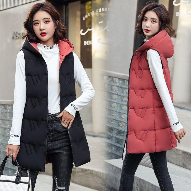 Down Cotton Vest Women's Mid-length Plus Size Thickened Autumn and Winter Fashion Slim Hooded Waistcoat Outer Wear