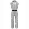 Mens 1920s Disco Costume Lapel V Neck Sleeveless Jumpsuit Wide Leg Design Metallic Shiny Plaid Romper Outfit
