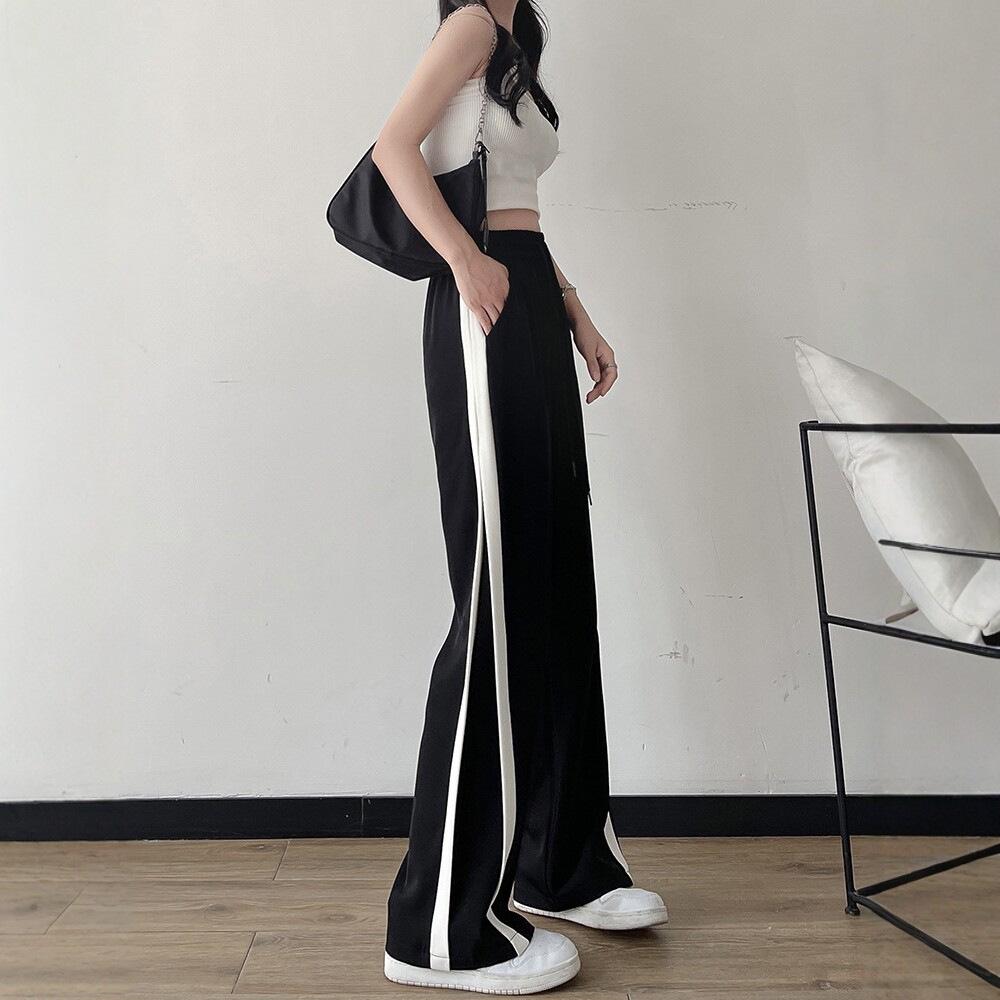 Women's Ice Silk Wide-Leg Sports Pants - Black, Thin, Straight, Loose, Casual Style for Spring, Summer, and Autumn