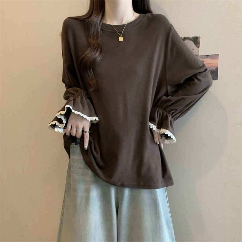 Plus Size Lace Sleeve Women's Slimming Long Sleeve T-Shirt - Autumn/Winter Loose Fit