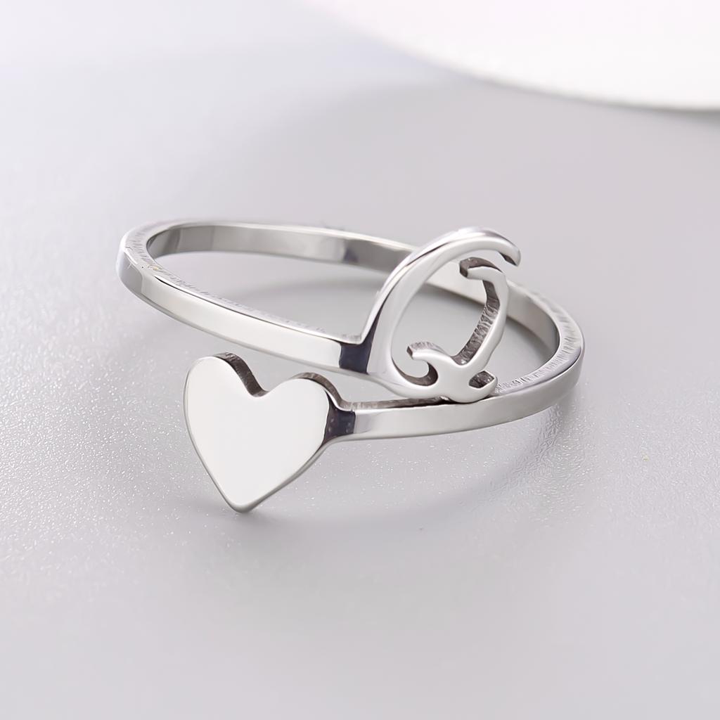 Silver Color 26 Letter Love Heart Rings Stainless Steel Open Ring for Women Men Couple Initial Name Finger Jewelry Gifts