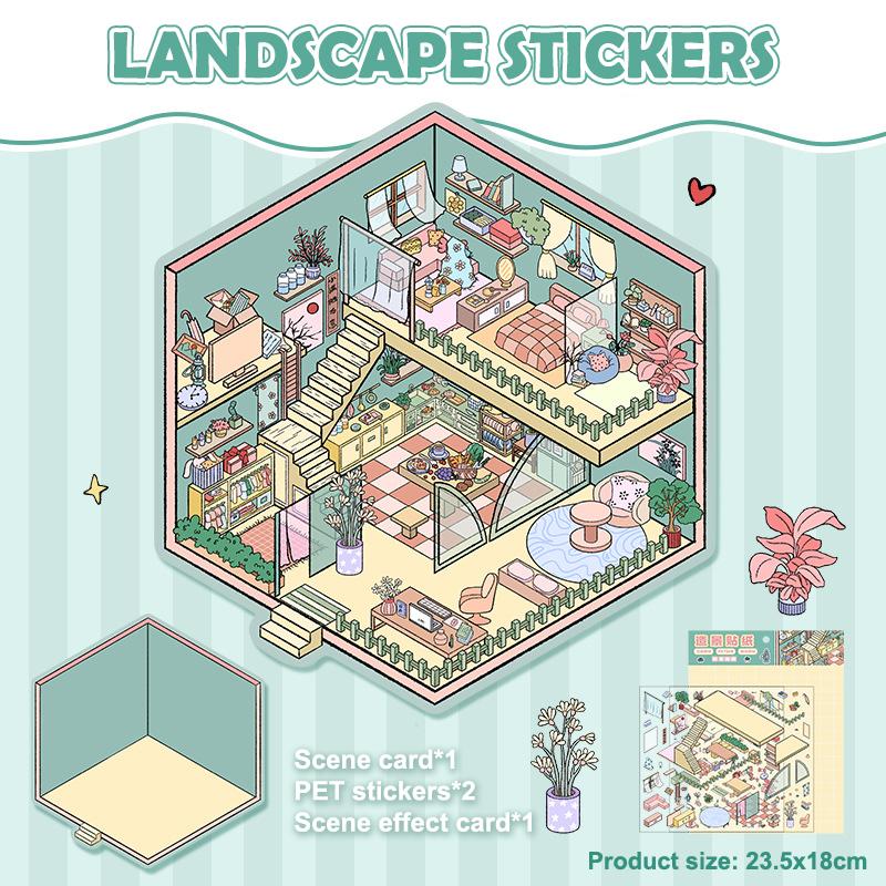 1Set Cartoon Cute Landscape Stickers Cabin Scene Diy Game Stickers Hand Account Decoration Stickers Creative Diy Stickers