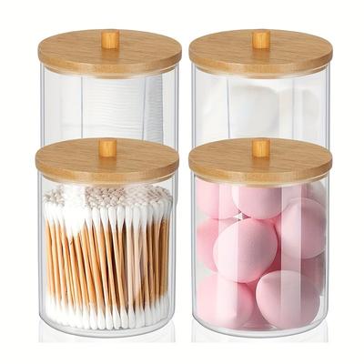 Lot de 4 Porte-cotons-tiges Ensemble de Salle de Bain, Contenants et Organiseurs de Toilettes 10 oz, Pots d'Apothicaire en Plastique Transparent