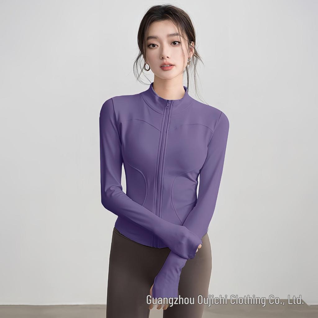 Women's Slim-Fit High Collar Yoga Jacket - Long Sleeve Knit Top for Outdoor Fitness