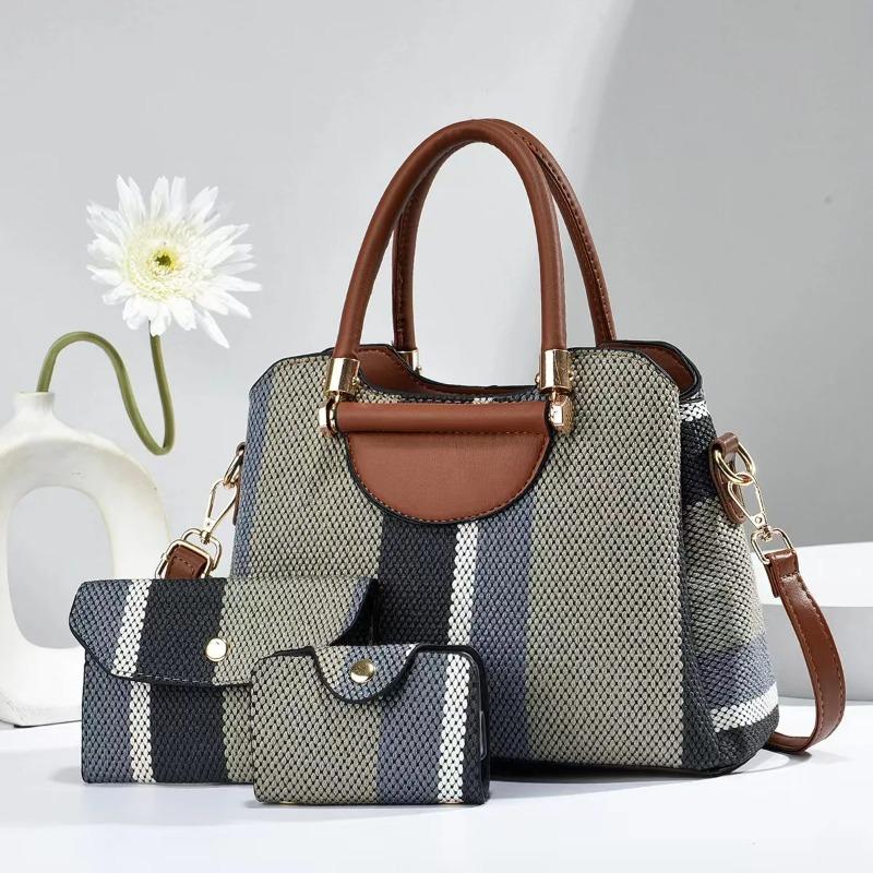 3pcs/Set Women's Bag Large Capacity Tote Handbag with Wallet Stripes Style Female Shoulder Crossbody Bags For Shopping Commuting