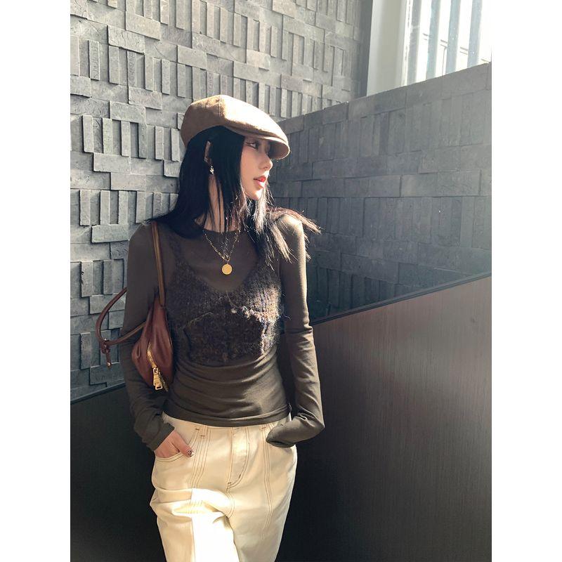 

District Ouyang Knitting Long Sleeves T-shirt Female Winter 2023 New Arrival Silm Inner Bottoming Shirt Sexy round Neck Tops Deep Coffee Camisole S