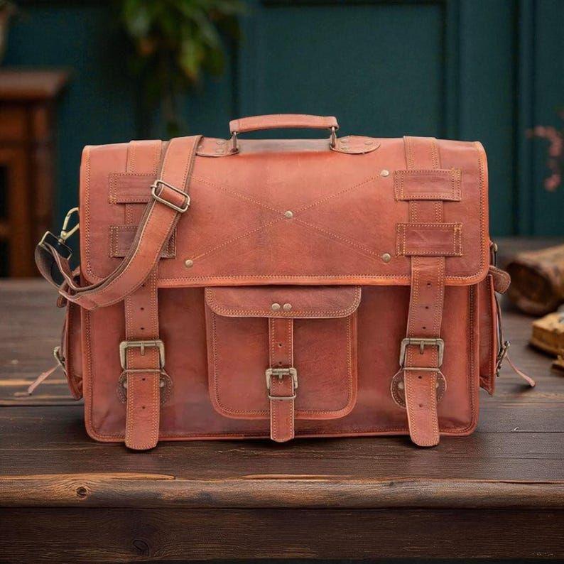 Handmade Vintage Leather Messenger Bag – Full Grain Leather Briefcase Satchel with Multiple Pockets, Adjustable Straps & Canvas Lining