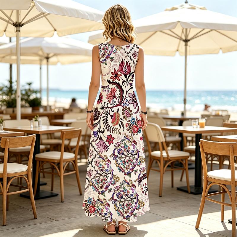 U-Neck Sleeveless Floral Maxi Dress for Women Soft,Elegant Fashion Design,Perfect for Home,Pool,Vacation,Daily Outings & Travel Photos