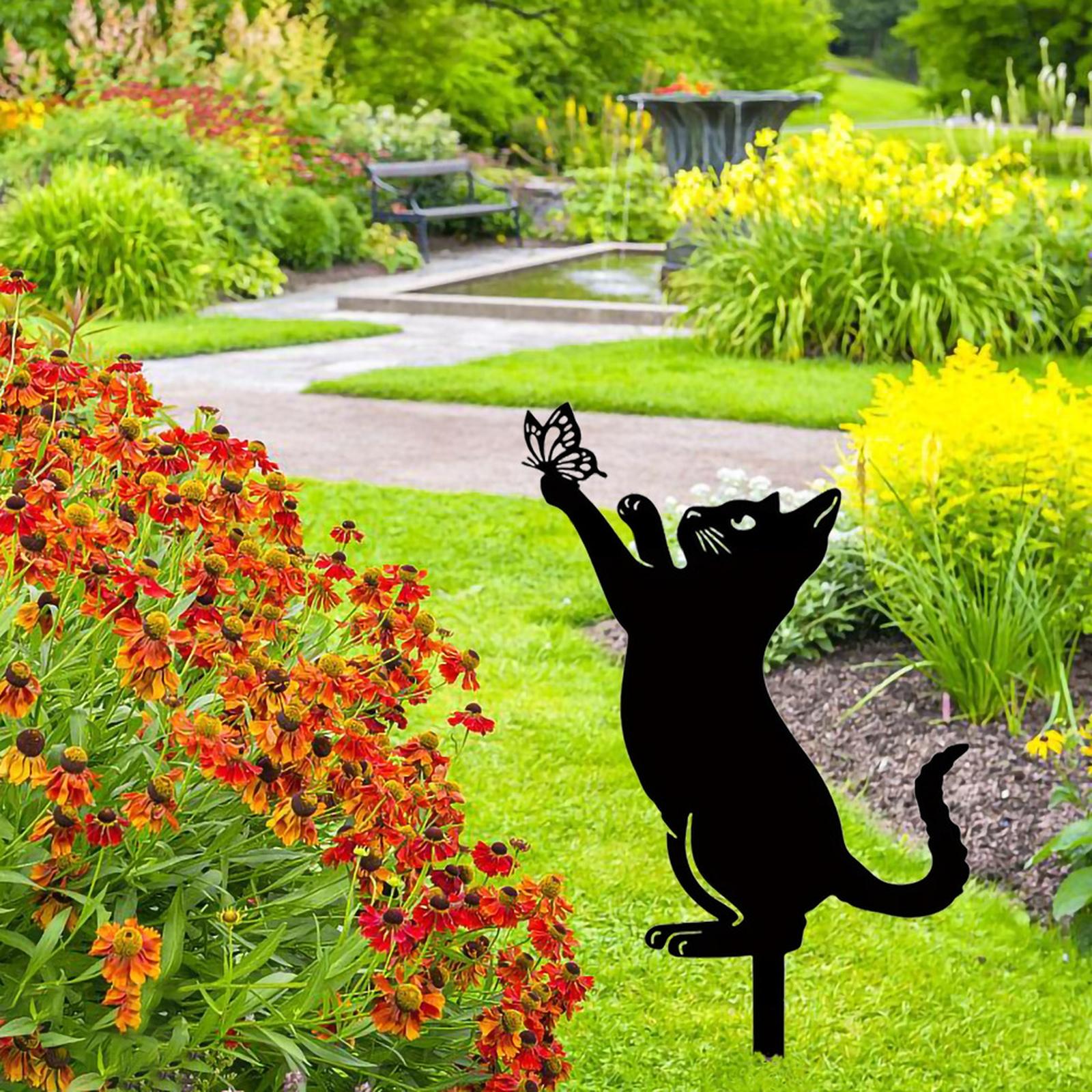 

Metal Garden Stake Cat with Butterfly Outdoor Decorative Yard Art Lawn Ornament Metal Craft Sculpture for Garden Patio one size чорний