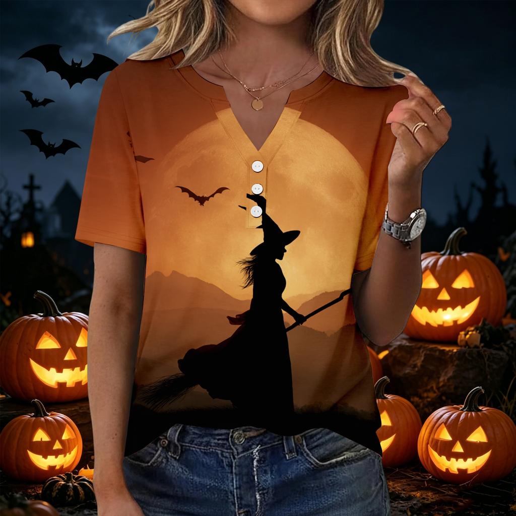Women Casual Halloween Print V Neck Short Sleeve Button Decor T Shirt Top Lightweight Comfortable Fashionable Design