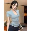 Niche design front shoulder V-neck lace splicing pleated slim fit inside summer new pure desire sweet Spice Girl style top