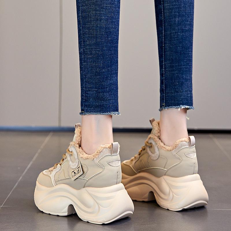 Fashion 8cm Genuine Leather Winter Vulcanized Sneakers Women Autumn Platform Wedge Ankle Booties Spring Lace Up Hidden Heels Shoes