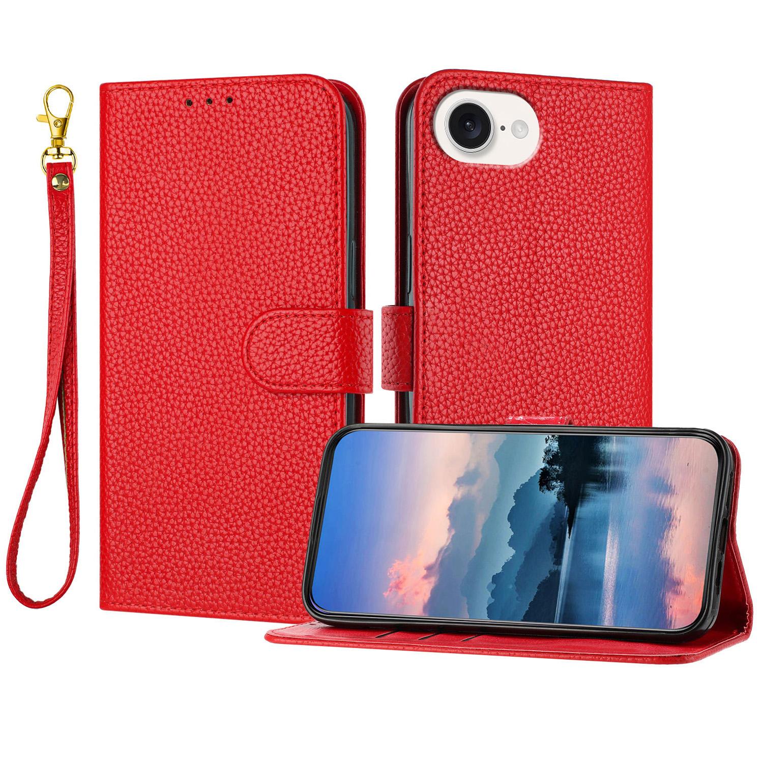 

For iPhone 16e Leather Case Litchi Texture Wallet Stand Anti Drop Phone Cover with Wrist Strap Red