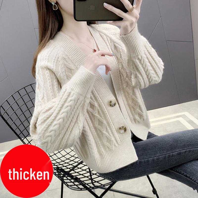 Women's Autumn 2025 Stylish Solid Color Knitted Cardigan - Thickened Short Versatile Coat