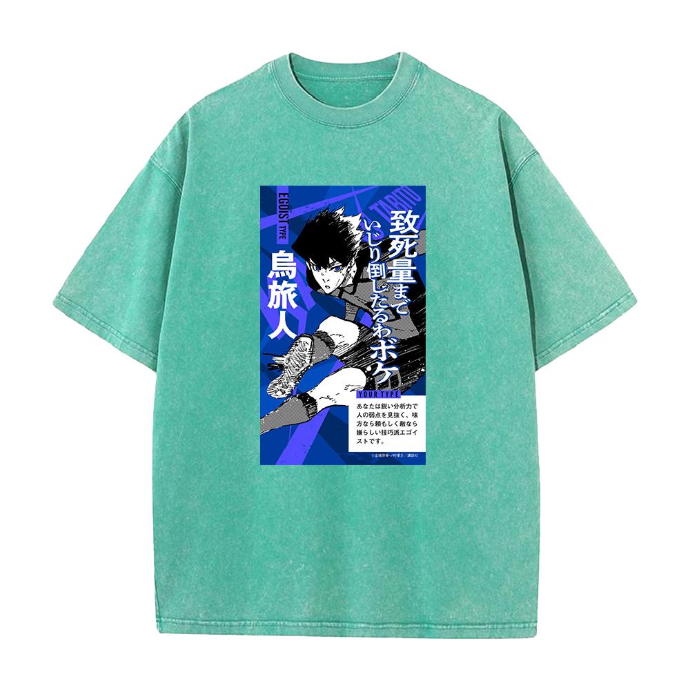 BLUE LOCK Anime Clothing Karasu Tabito Cool Print Washed T Shirt Men Street Cotton Tshirts Washed Manga Tee Harajuku T-shirt