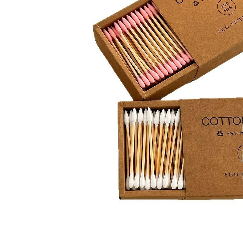 Eco-Friendly Bamboo Cotton Swabs Double Head Disposable Ear Cleaning Makeup Remover Sticks Kraft Paper Box Packed Beauty Tool
