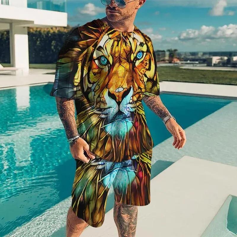 Men Cool Lion Tiger T-shirt Set 3D Animal  Print Casual Style T-shirt Shorts Set Summer New Fashion Street Clothing High-quality
