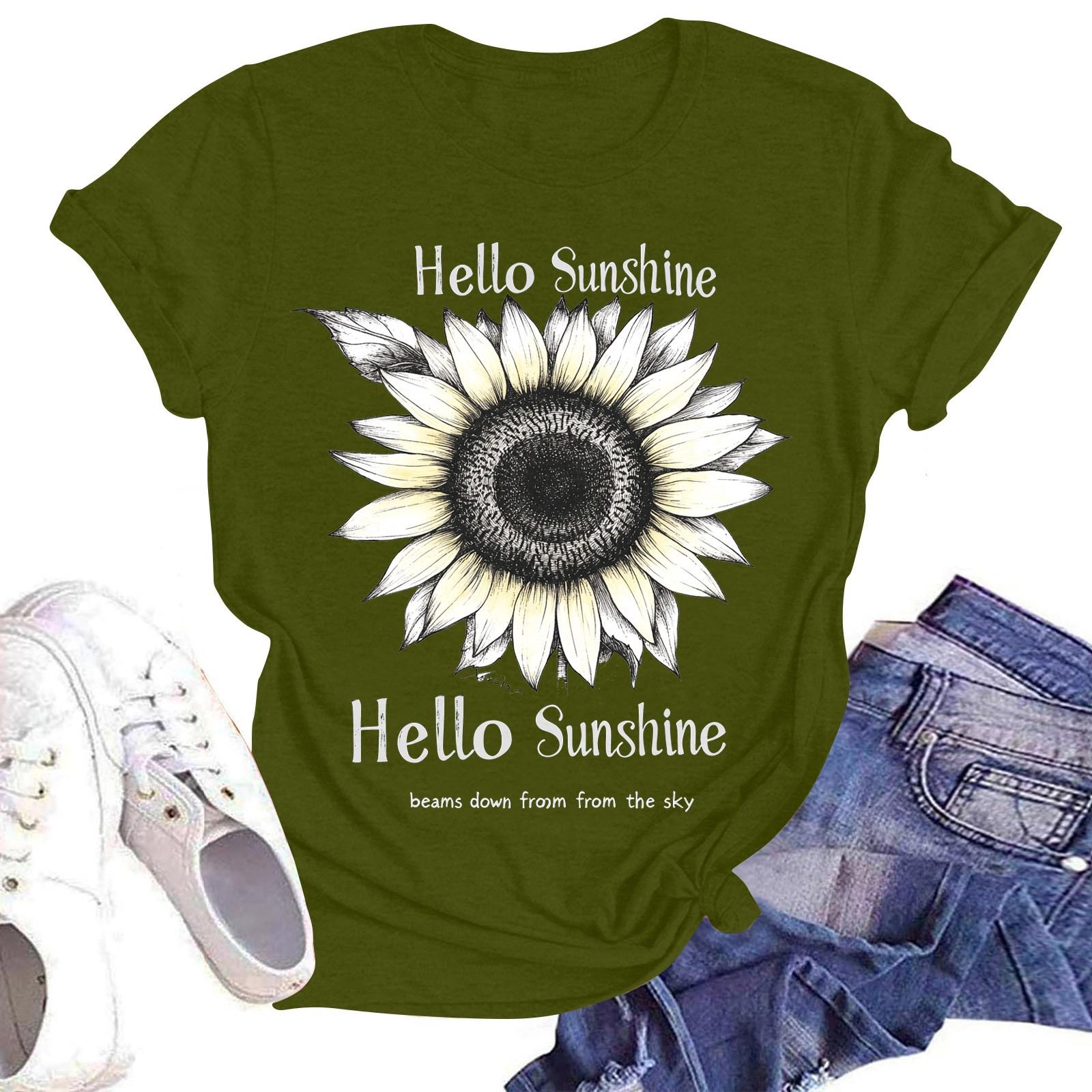 

Women s Casual Fashion Street Slim Short Sleeve Sunflower Printed T-Shirt Top L