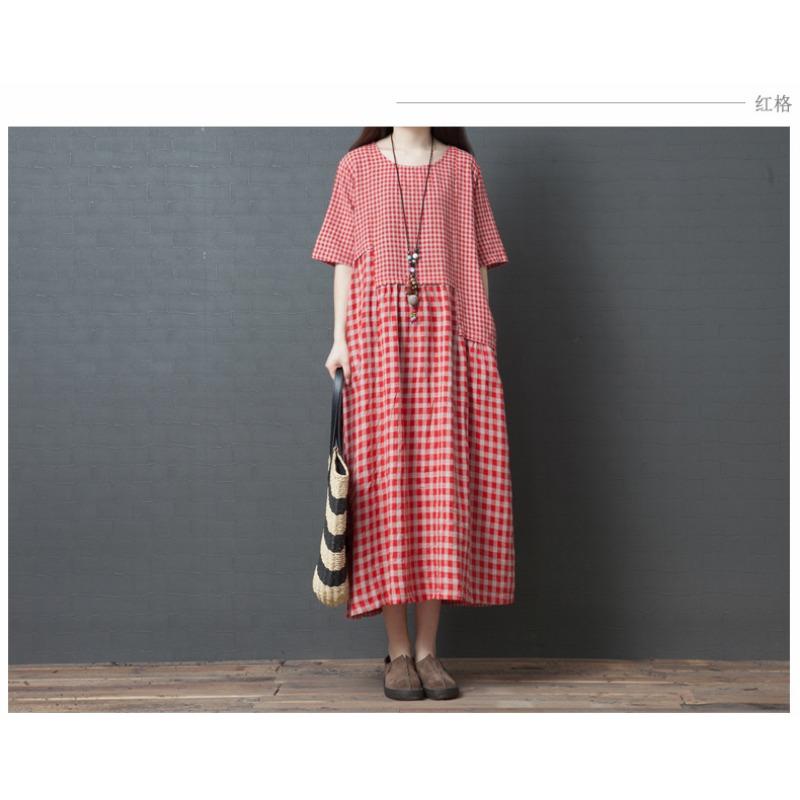 Letní volné bavlněné lněné kostkované šaty