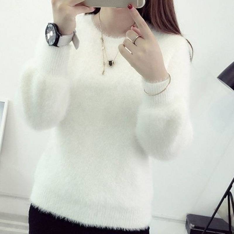 

Женские весенние пуловеры из норковой шерсти, однотонные, женские, эластичные, повседневные, с круглым вырезом, длинными рукавами-фонариками, трикотажные топы one size белый