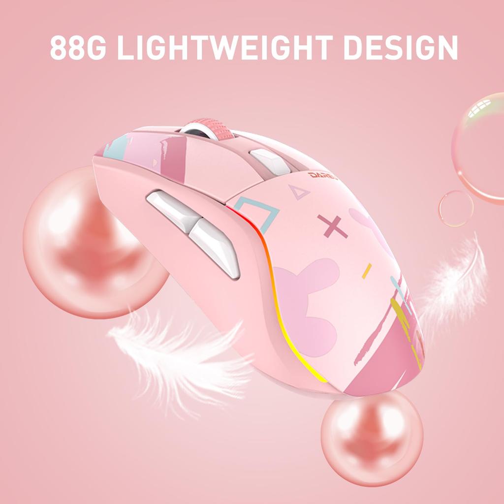 DAREU A950 Gaming RGB Lade-Ständer 12000 Technische Standards Genehmigte Maus, Rosa, Niedlich, Kabellos, Symmetrisch, Leicht, USB/2,4GHz/Bluetooth,