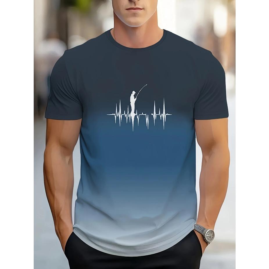 Vibrant Style| Big & Tall Men's Gradient Fishing Graphic Tee - Casual Polyester Short Sleeve, Summer Print with Heartbeat Fishing Gear, PLUS SIZE