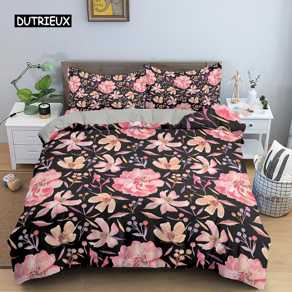 Vintage Blume König Königin Bettbezug, Pfingstrose Sonnenblume Bettwäsche-Set, Tropischer Blumen Steppdeckenbezug Boho Bettdeckenbezug