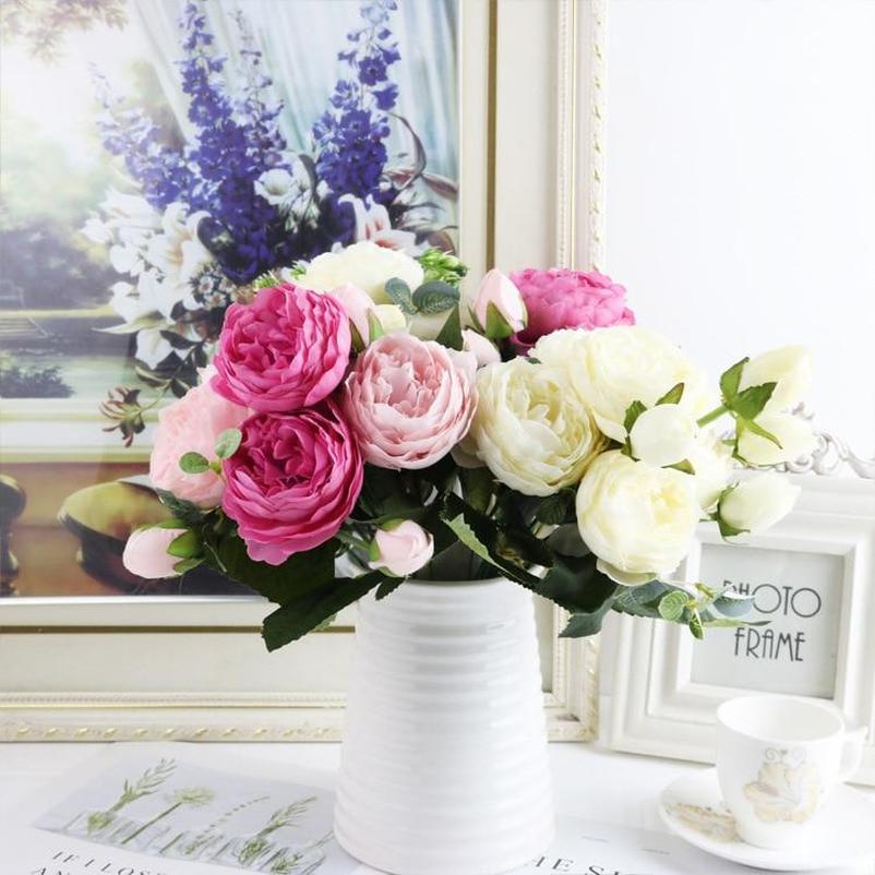 30cm Rose Pink Silk Bouquet Peony Artificial Flowers 5 Big Heads 4 Small Bud Bride Wedding Home Decoration Fake Flowers Faux