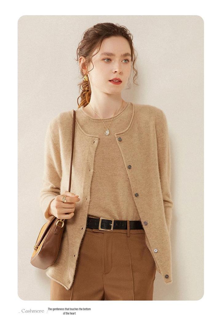 Women's Long-Sleeve Cashmere Cardigan - Round Neck, Cuffed, Single-Breasted, Loose Fit, Slimming Sweater for 2024 Autumn/Winter