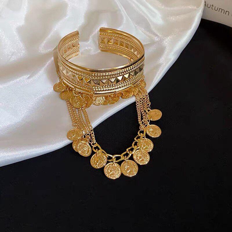 Exotic Style Golden Metal Tassel Arm Bracelet Greek and Egyptian Style Jewelry for Women European and American Exaggerated Bracelet Jewelry Gold Tassel Bracelet