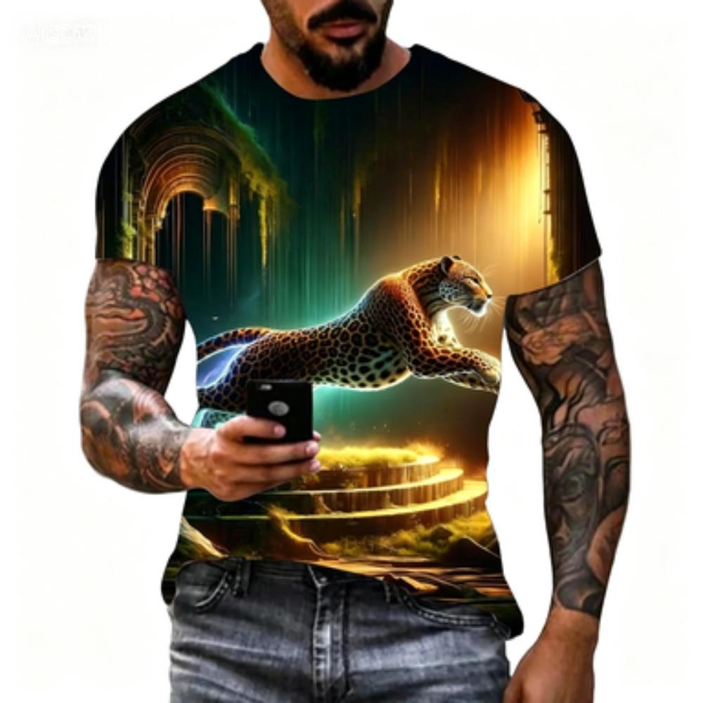 Temple Fantasy Cheetah Short Sleeved T-shirt Men s Wild and Mysterious Casual M