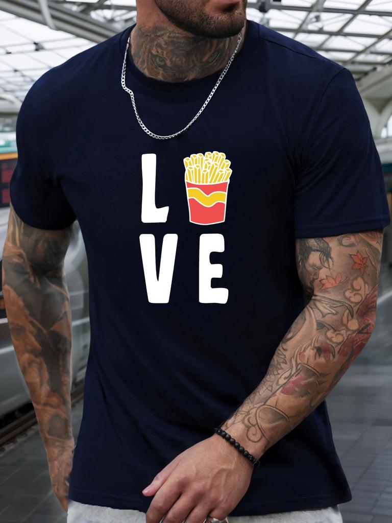White Unisexs Tee Love French Fries Graphic Crew Neck Cotton Short Sleeve Food Style Male Street Summer Soft Daily Casual Wear