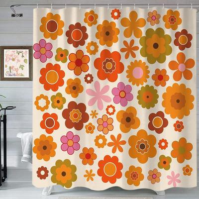 Cortina de Ducha Flores Retro Groovy Marrón Naranja Girasol Vintage Años 70 Tela Juego de Cortinas de Ducha para Decoración de Baño 72x72 Pulgadas