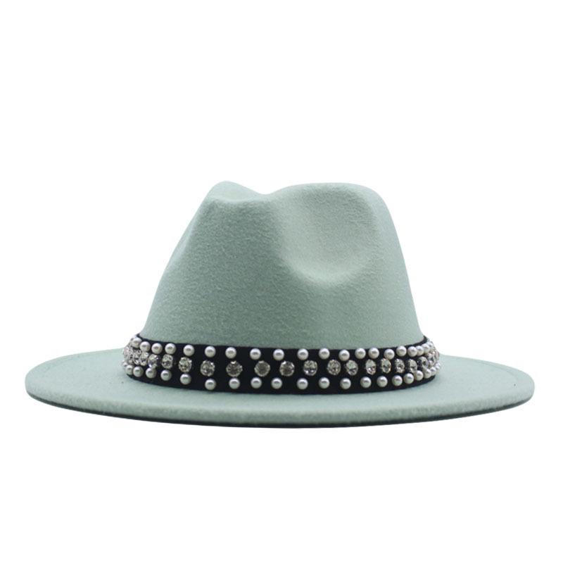 European and American Style Spring and Autumn Winter Imitation Felt Big Edge Hat British Retro Woolen Top Hat Women's Pearl Rhinestone Ribbon Jazz Hat