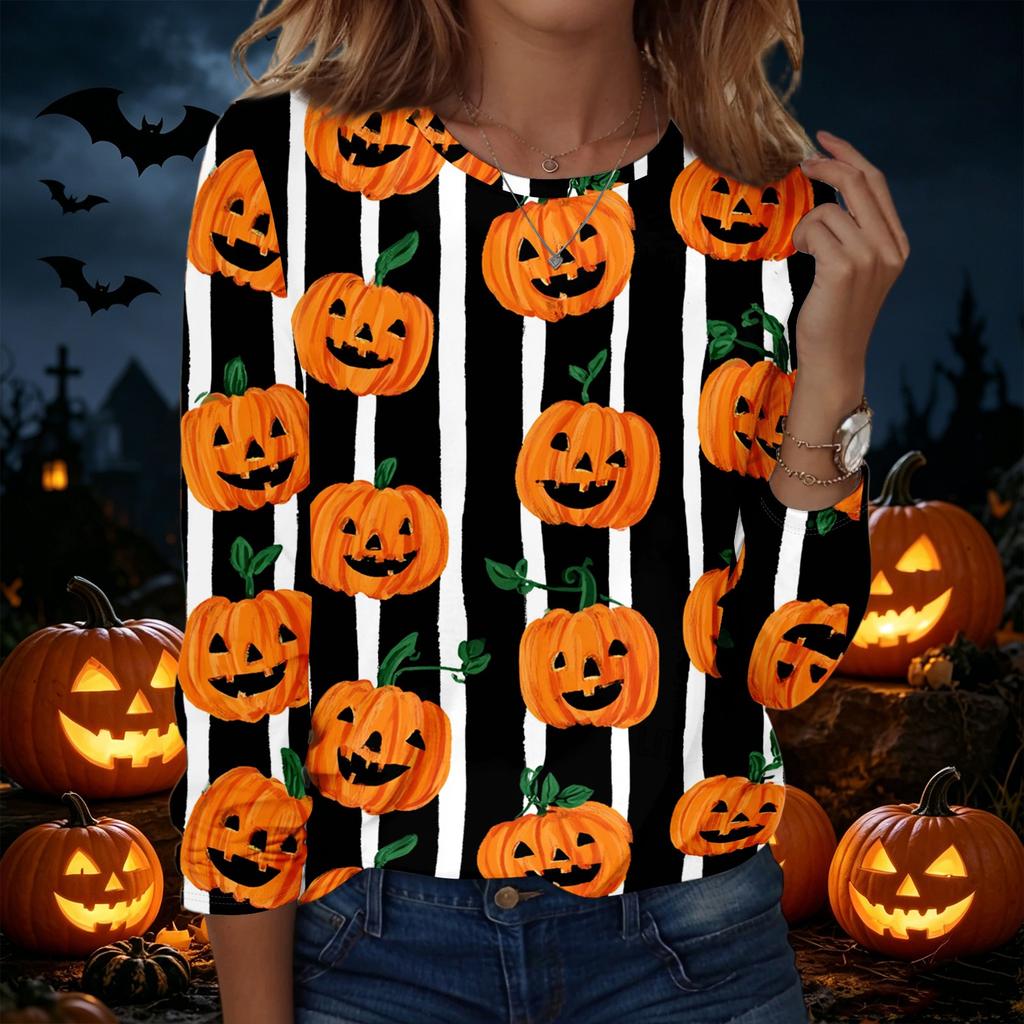 Women's Halloween Print Pullover Sweatshirt Long Sleeve Crew Neck Casual Top Comfortable Fit Seasonal Design