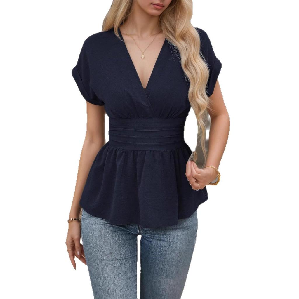 Spring/Summer Women's V-Neck Waist-Cinching Raglan Sleeve Pleated Hem Top