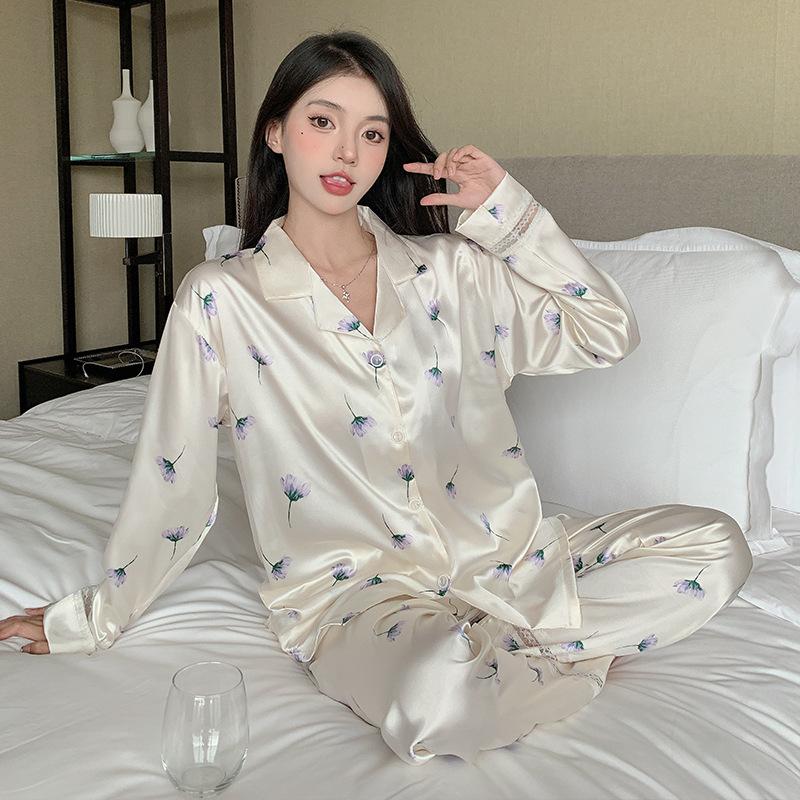 Dámská dvoudílná pyžamová souprava Květinová Pijama Saténové pyžamo z umělého hedvábí Dámské noční prádlo S dlouhým rukávem Košile s klopami Kalhoty Obleky