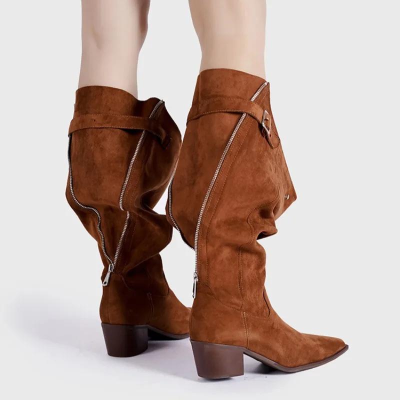 Fashion Personalized Design Back Zipper Pointed Low Heel Lazy Pleated Boots European American Retro Western Cowboy Thick Heeled Boots