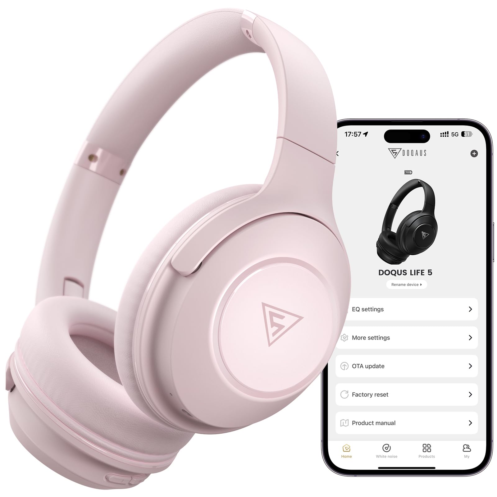 

DOQAUS LIFE5 Бездротові Bluetooth Навушники, до 70 годин безперервного відтворення, 3 режими еквалайзера, дротове та бездротове підключення, сумісність з AAC, легка та тонка версія, 5.3, рожевий