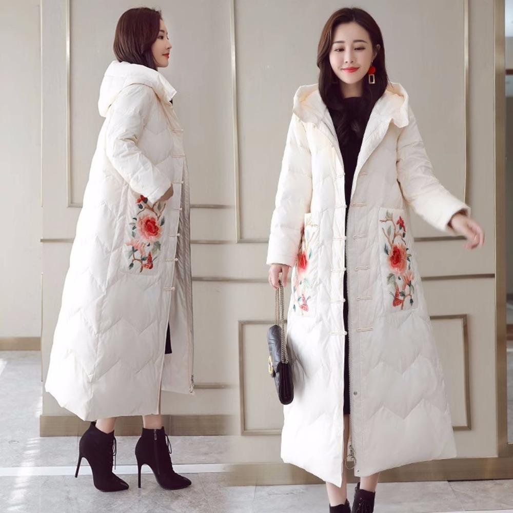 Clothes Women's Medium and Long Models, New Embroidered Knee-padded Jackets, Chinese Cotton-padded Clothes, Thickened Winter Clothes.