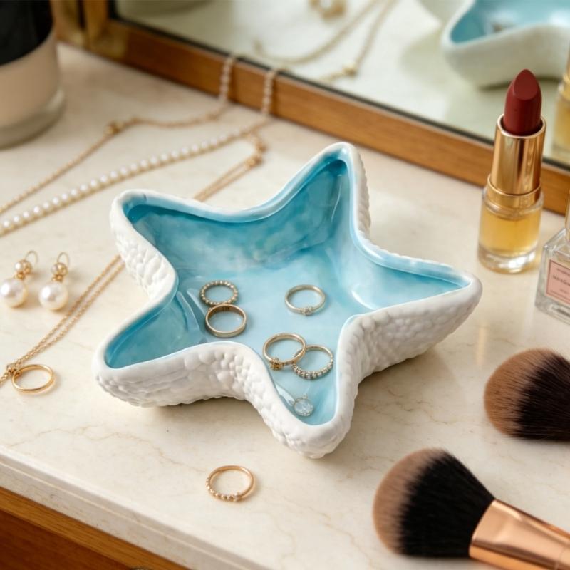 Starfish Jewelry Dish Ceramic Ring Holder Tray, Light Blue Catchall Holder for Vanity, Bathroom Counter, Bedside, and Dresser Storage