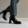 Fried Street~ New French Waterproof Platform Thick-soled Square Head High Heel Short Boots Women's Thick Heel Chelsea Boots Fleece Skinny Boots