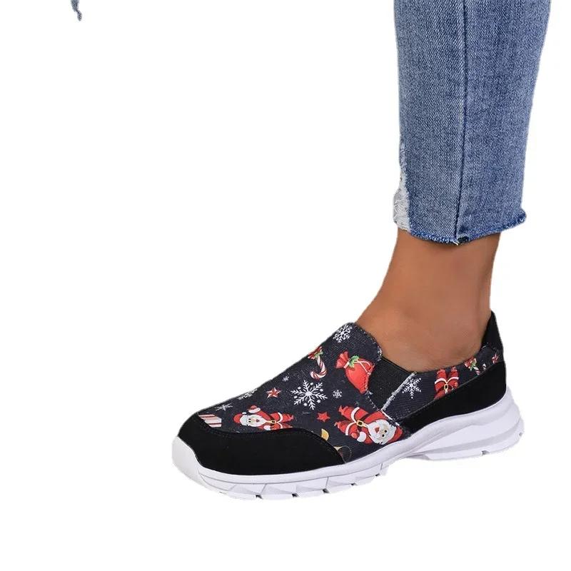 Fashion Christmas Sneakers Woman  New Santa Claus Print Shoes Fashion Lovely Casual Flat Shoes New Year Vulcanized Shoes 2024