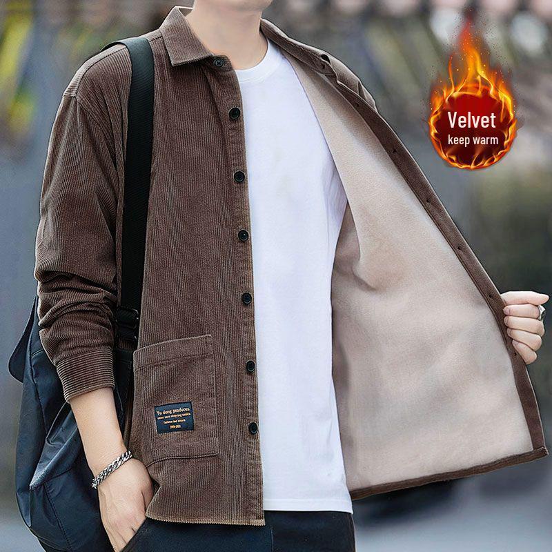 Men's Fleece-Lined Corduroy Shirt Jacket with Pockets - Long Sleeve, Thick, Loose Fit for Autumn/Winter.