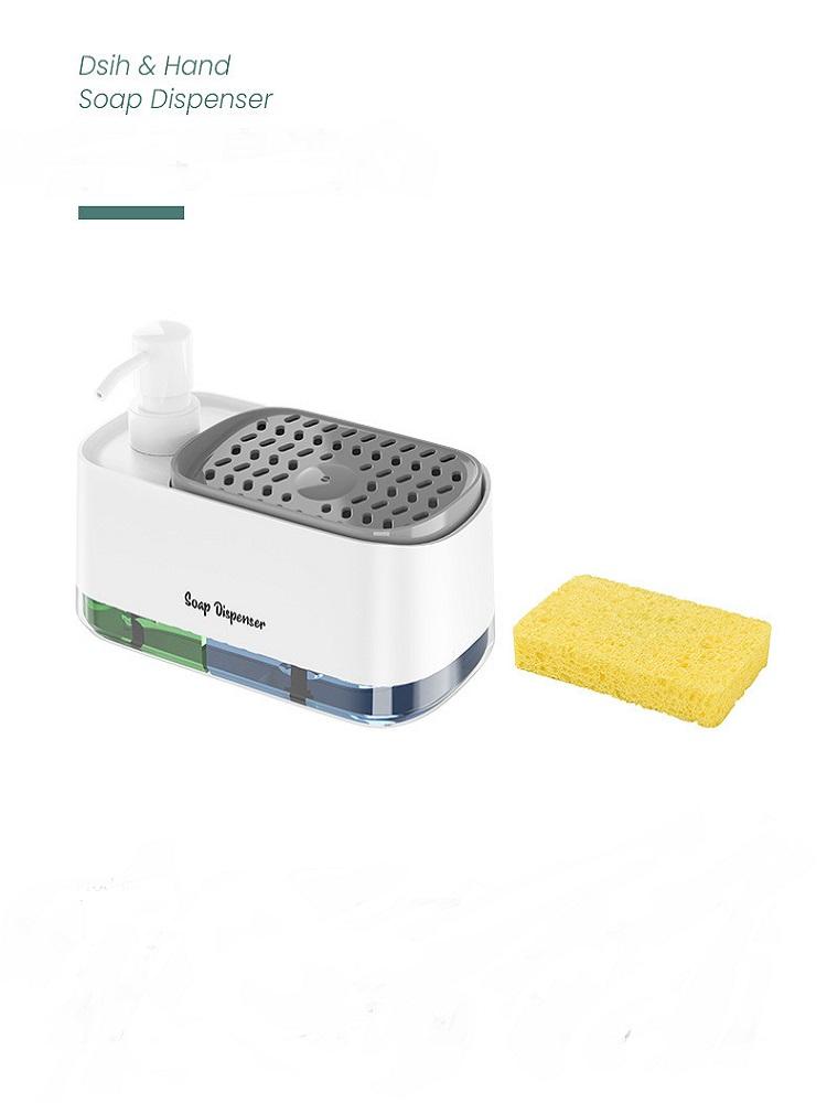 Sada dávkovače mýdla na ruce a nádobí 3 v 1 s držákem na houbičku, dvojitý organizér na mýdlo s pumpičkou na kuchyňský dřez na desku